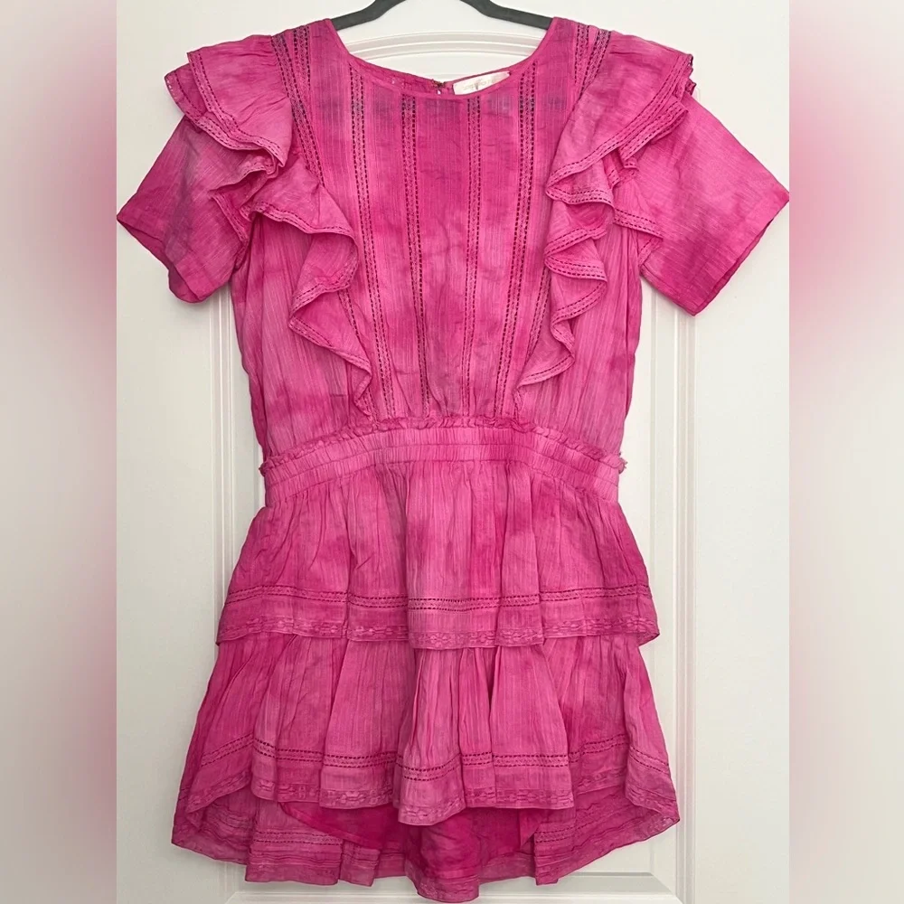 LoveShackFancy Natasha ruffled tiered mini dress dark pink lined elastic waist L - Picture 1 of 8